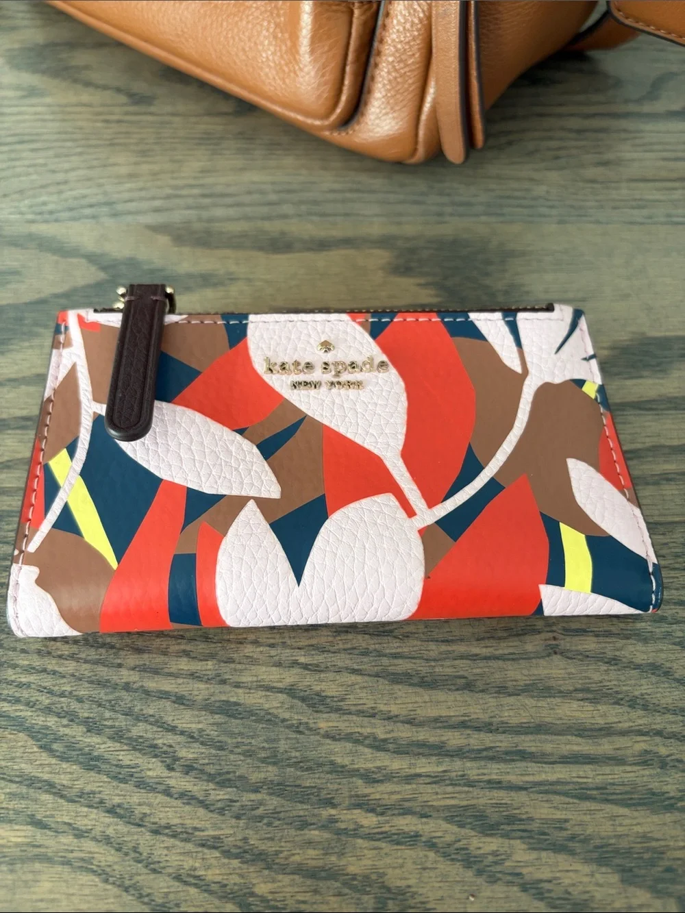 kate spade Brown Pebbled Leather Backpack with Multicolor Floral Card Case